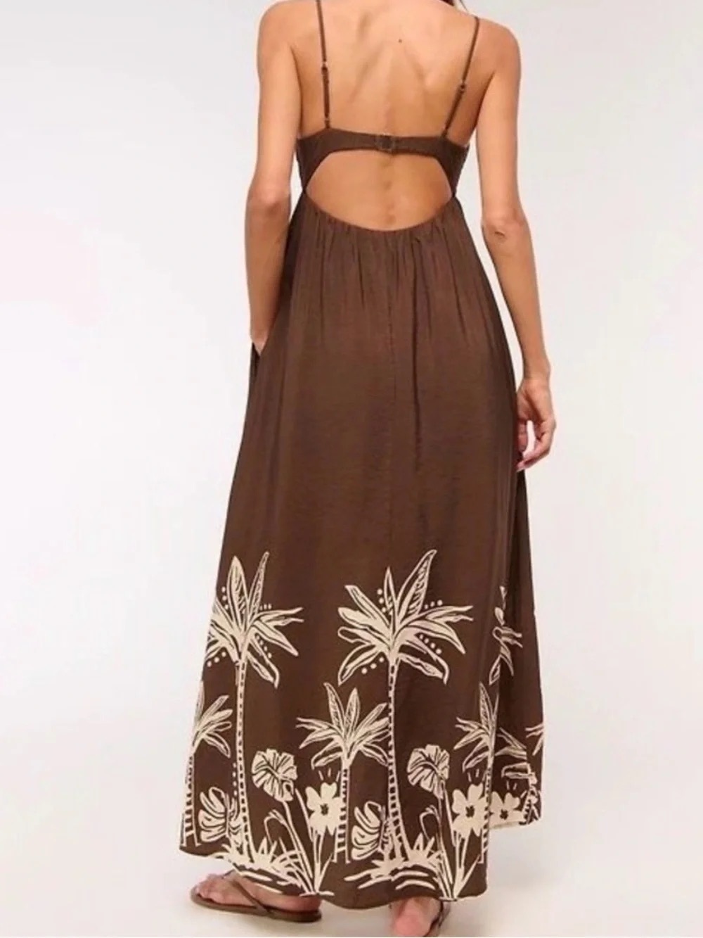 Abercrombie & Fitch Brown Bra Free Clasp Back Flowy Maxi Dress Palm Tree - Picture 9 of 9